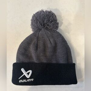 NWOT Bauer Hockey Black and Gray Knit Pom Pom Beanie. Child sized
